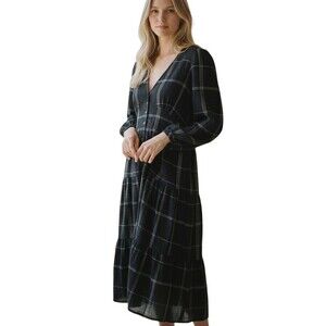 Marine Layer Women's Maeve Plaid Long Sleeve Tiered Maxi Dress Size Medium Black